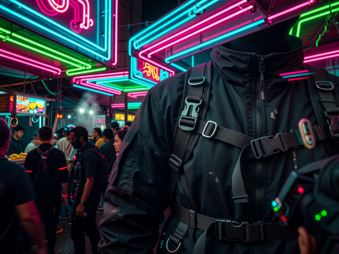 A close-up of a technical jacket with visible straps and buckles, worn under overlapping neon signage in a crowded night market