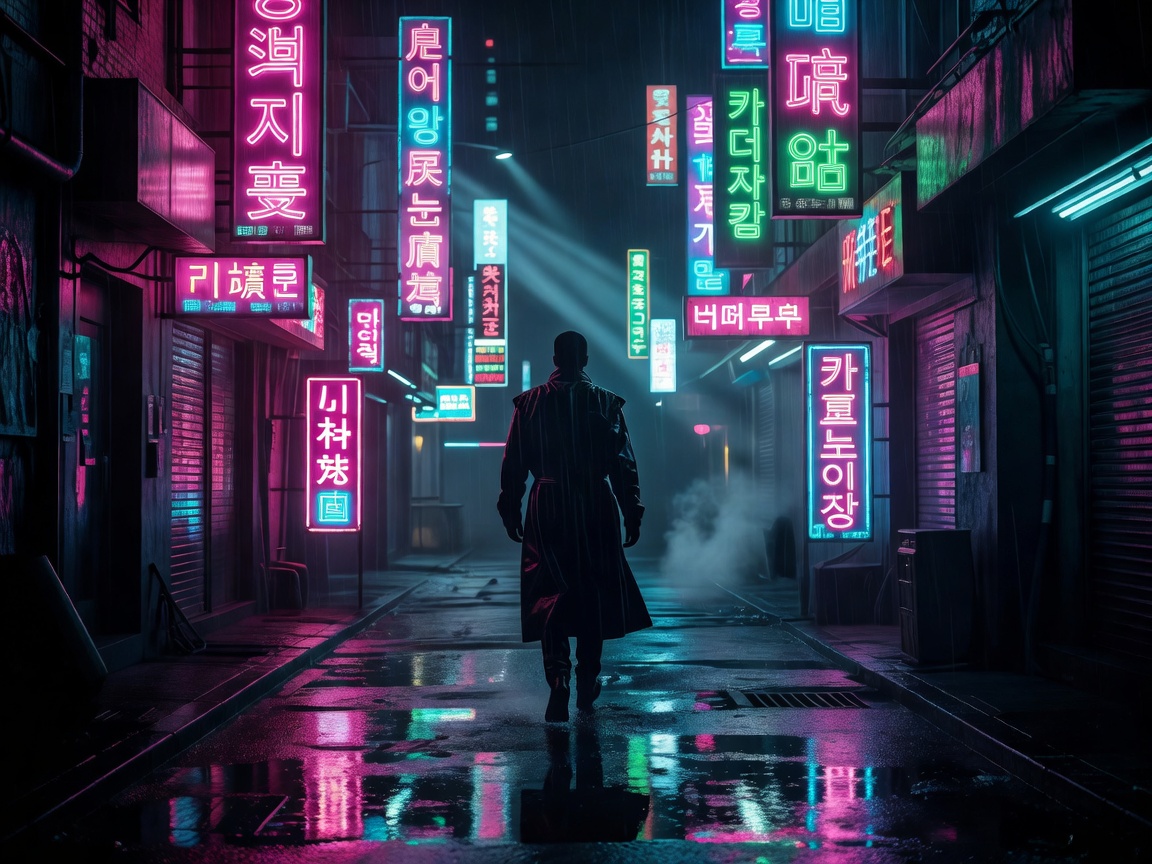 A rain-soaked alley lit by stacked neon shop signage in mixed scripts, a single trench-coated silhouette walking away from camera