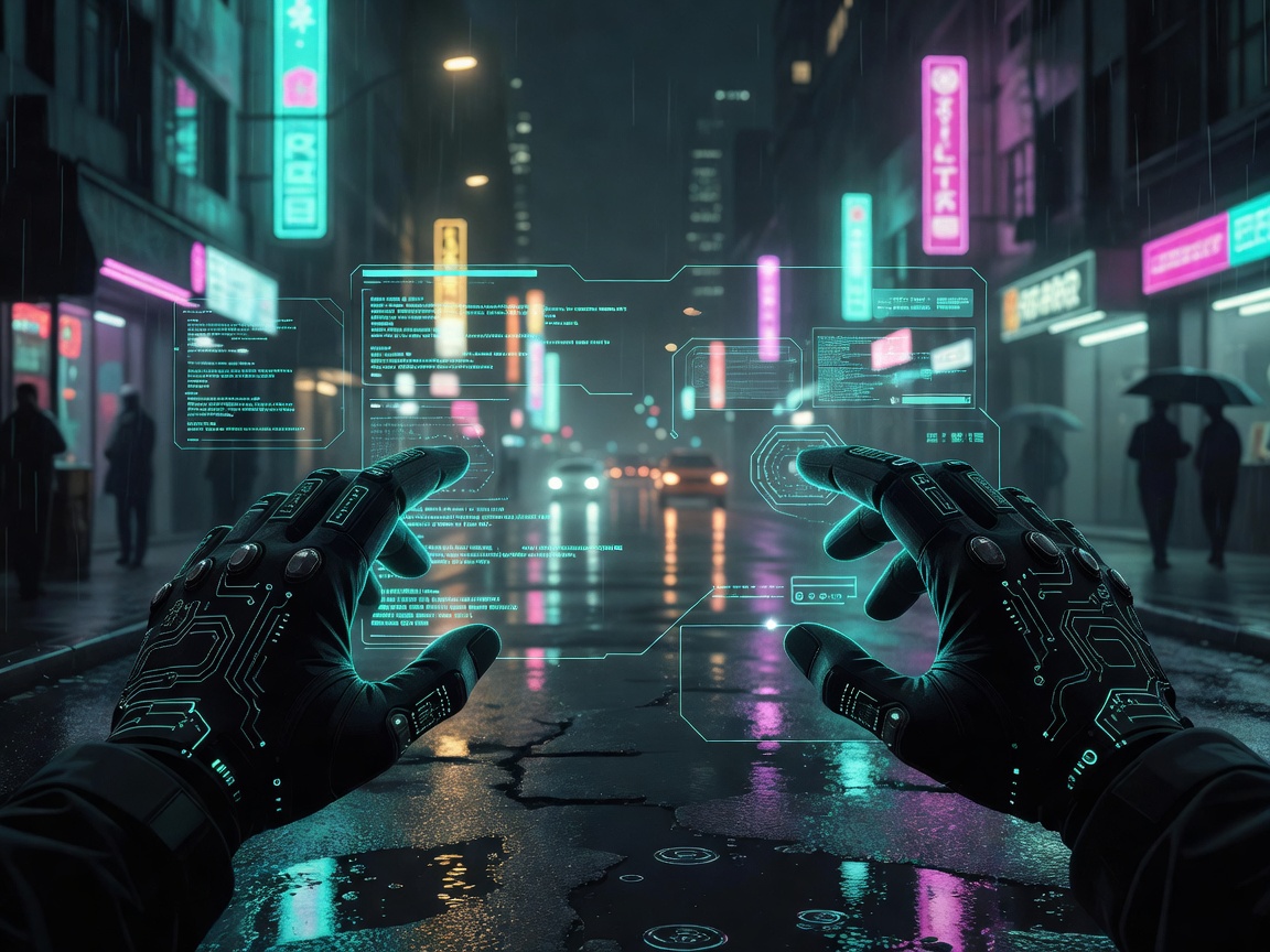 A first-person view of a hacking interface overlaying a rain-lit street, cyan data readouts framing augmented hands