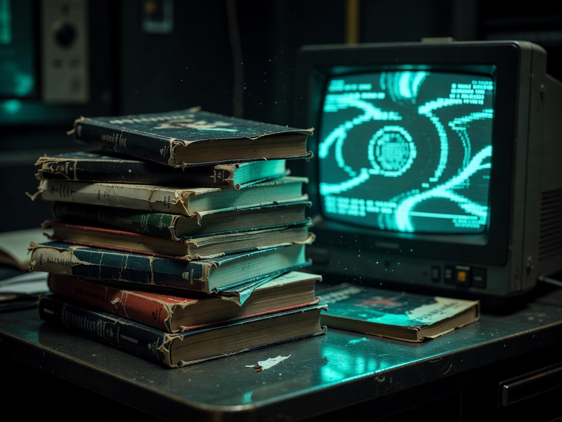 A stack of worn paperback science fiction novels on a desk beside a glowing terminal, cyan light spilling across the covers
