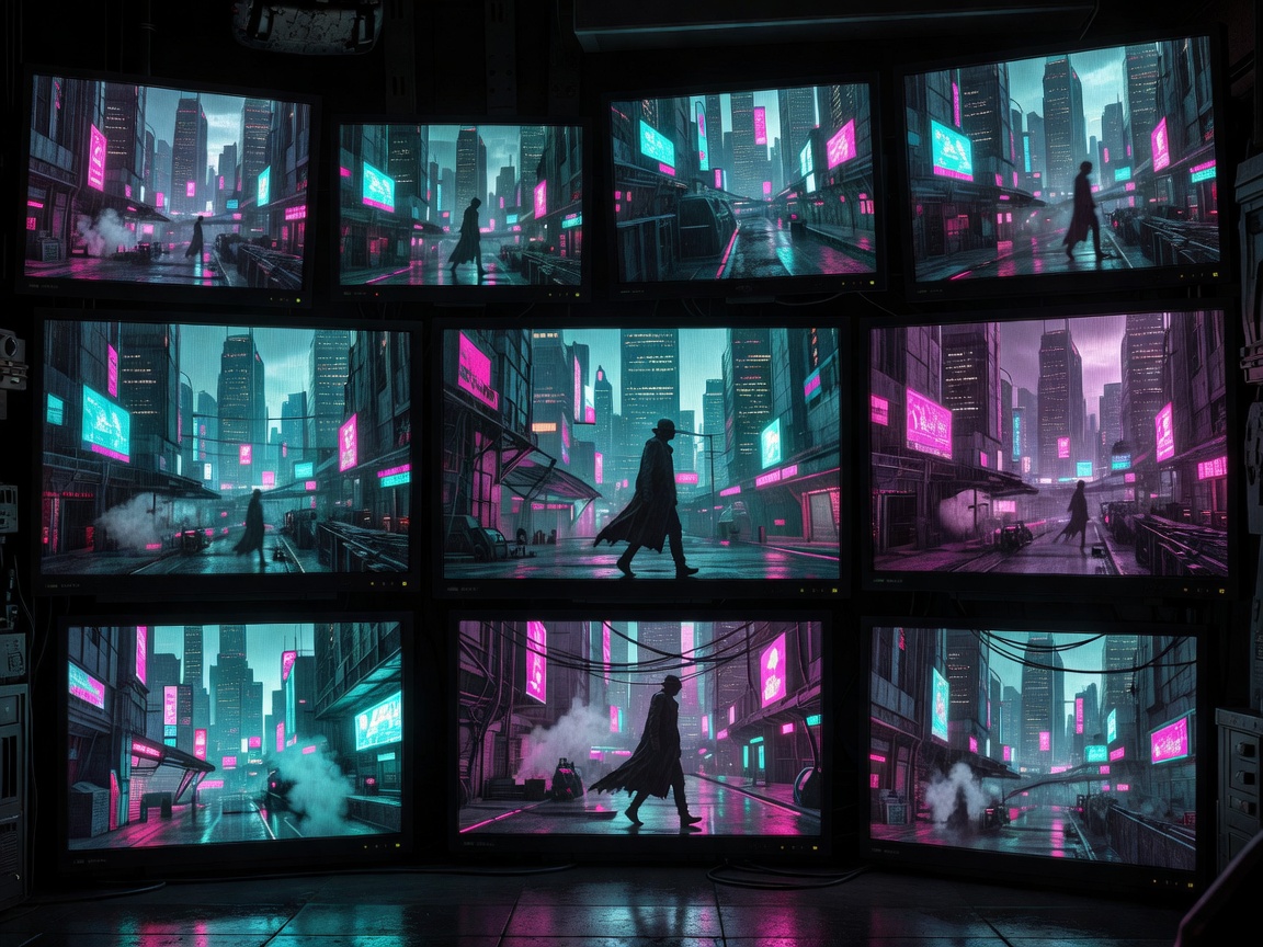 A wall of surveillance monitors displaying overlapping city camera feeds, tinted cyan and magenta, with a single silhouette walking through the frame