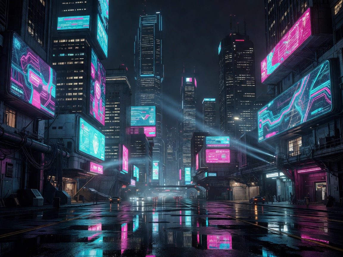 A dense night-time megacity skyline with layered neon signage in cyan and magenta reflecting off wet streets below towering corporate structures